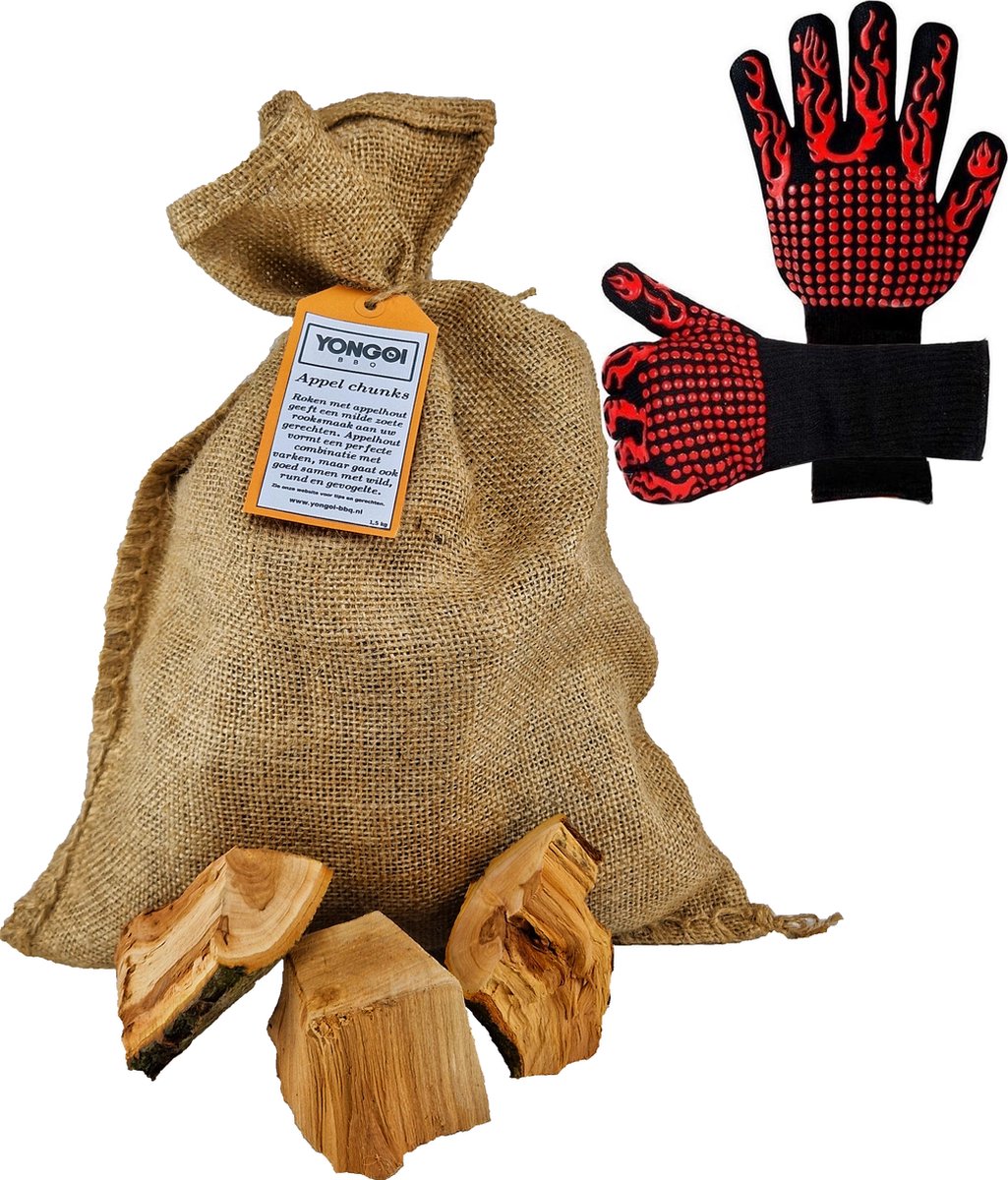 Hittebestendige BBQ handschoenen met Rookhout Chunks Appel 1,5kg | Kadopakket BBQ | Rookhout | BBQ accessoires | BBQ cadeaupakket