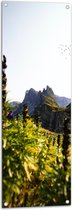 WallClassics - Tuinposter – Bloemen en Vogels bij Bergen - 40x120 cm Foto op Tuinposter  (wanddecoratie voor buiten en binnen)