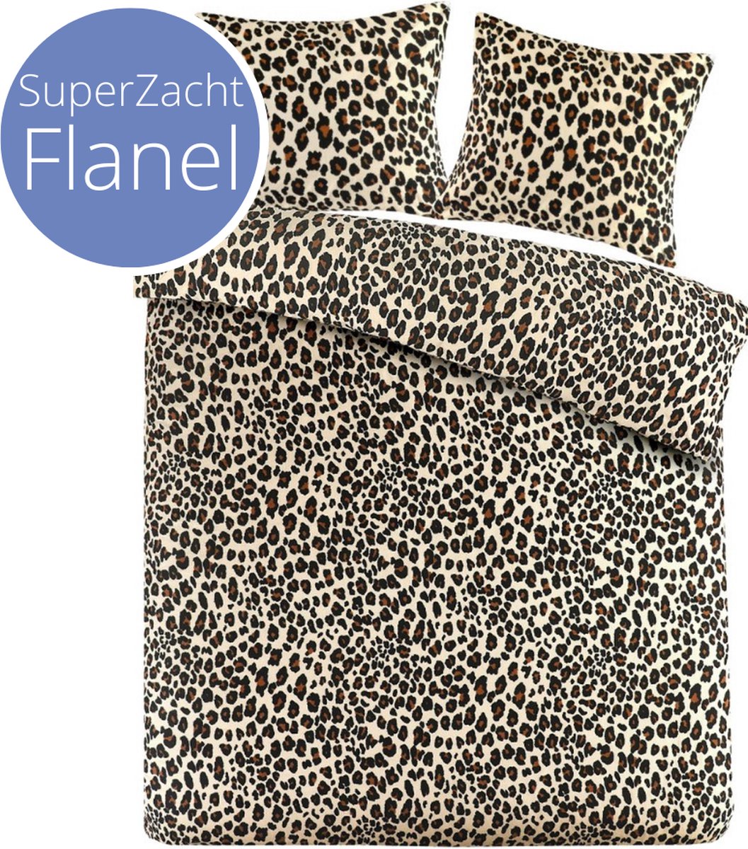 Droomtextiel Luxe Flanel Dekbedovertrek Panter print Bruin - Lits-Jumeaux 240x200/220cm - Super Zacht & Heerlijk Warm