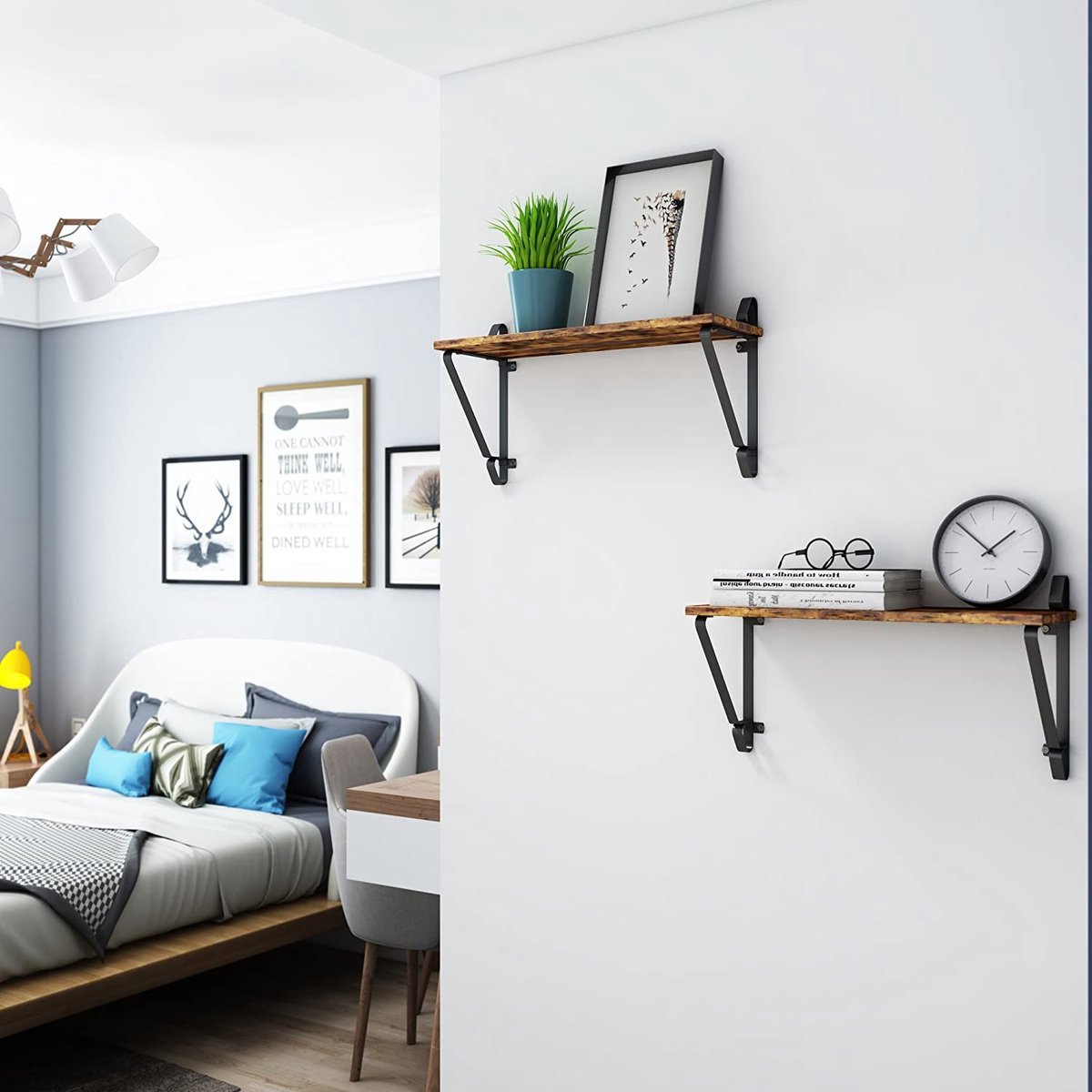 MIRA Home - Muurplank - Legplank - Set van 2 - Vintage - Bruin - Wandmontage - Boekenplank - Fotolijstplank 60 x 32 x 20 cm