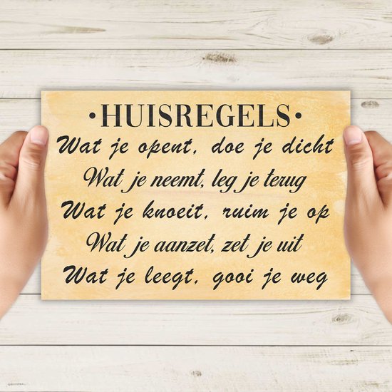 Spreukbord - Huisregels - Hout - Vintage - Grappig - Humor - Bord - Tekstbord - Wandbord - Wanddecoratie - Muurdecoratie - Woonkamer - Om Aan De Muur Te Hangen