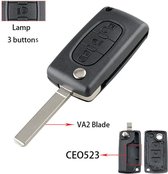 Citroen - klapsleutel behuizing - 3 knoppen - middelste knop lamp bediening - VA2 sleutelbaard zonder zijgroef - CE0523 zonder batterijhouder in de achterdeksel - batterijhouder vast op de printplaat