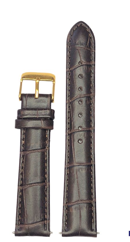 Horlogeband-12mm-donker bruin-echt leer-gevuld-croco-zacht- goudkleurige gesp-12 mm
