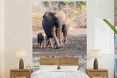 Behang - Fotobehang Twee olifanten met één jong in Nationaal Park Mana Pools in Zimbabwe - Breedte 180 cm x hoogte 280 cm
