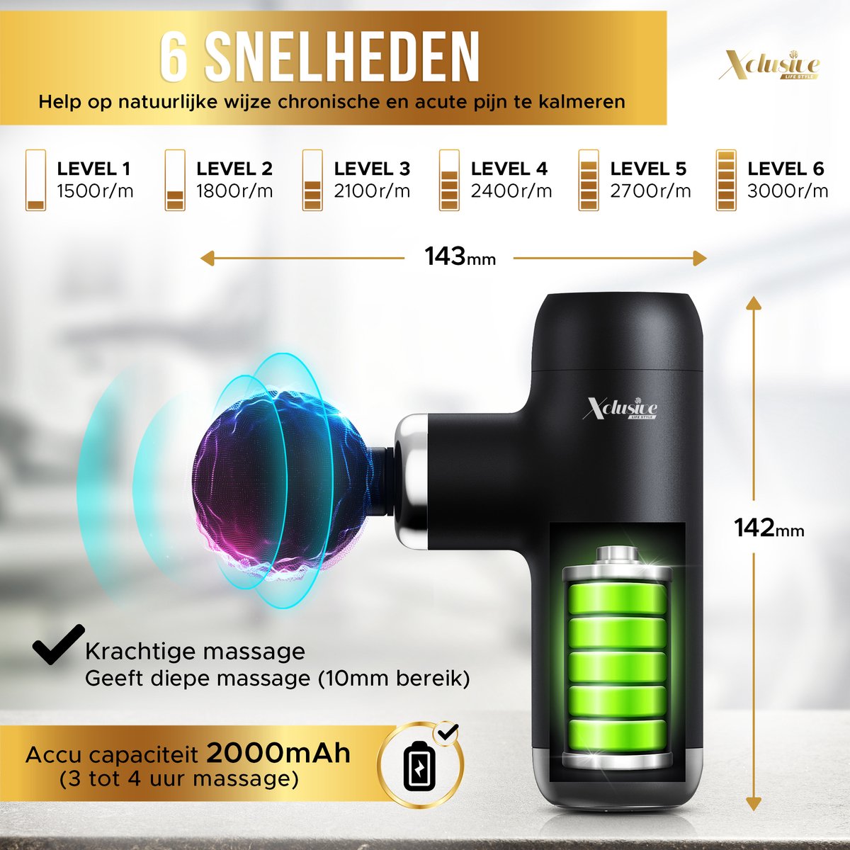 Afbeelding 3 van Xclusive-lifestyle® Massage Gun – Krachtig en Uiterst Stil Massage Pistool voor Spierherstel, Pijnverlichting en Ontspanning - 6 Intensiteitsstanden - 4 Massagekoppen – Draagbaar en Compact - Oplaadbaar