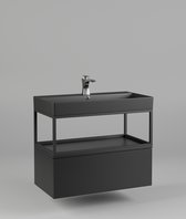Série Bonero - Meuble de salle de bain / Meuble sous vasque / Meuble vasque - 85x45x69 - Structure en acier - Lavabo et meuble bas noir mat - MDF - Look industriel