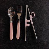 Baby- peuter- kleuter- kinder-besteksetje mét chop-sticks / Lepeltje / Vorkje / Eetstokjes / Kind / Kraam Cadeau / RVS / Roze (Incl. afneembare hulpstukjes en inpakpapier)