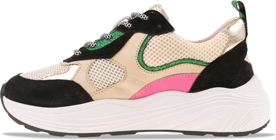 Vue latérale d'une basket pour femme avec maille beige, daim noir, accents rose et vert. Détails dorés métalliques.