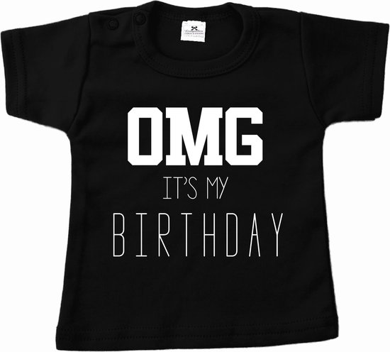 Shirt verjaardag-omg its my birthday shirt-korte mouw-zwart-Maat 104