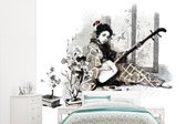 Behang - Fotobehang Stippenprint aquarel illustratie vrouw met Japanse gitaar - Breedte 265 cm x hoogte 220 cm
