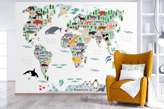 Papier peint - Papiers Papier peint photo Wereldkaart - Enfants - Animaux - Plantes - Largeur 375 cm x Hauteur 280 cm