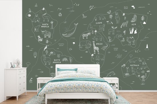 Behang - Fotobehang Kaart - Wereld - Kinderen - Groen - Breedte 420 cm x hoogte 280 cm
