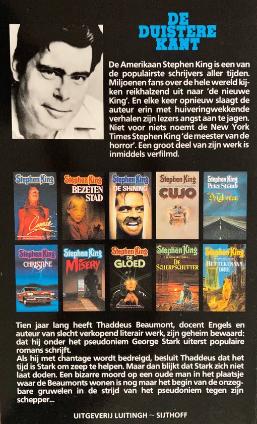 Achterkant boek 'De duistere kant' van Stephen King met foto van Stephen King en covers van zijn boeken.