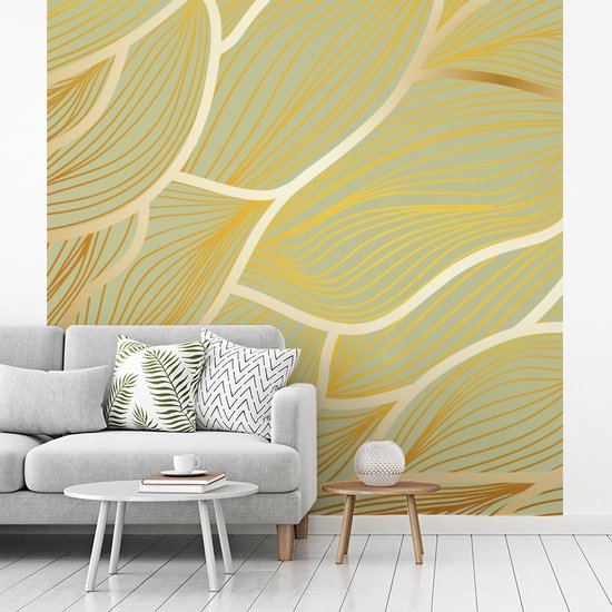 Behang - Fotobehang Gouden golven op een groene achtergrond - Breedte 220 cm x hoogte 220 cm