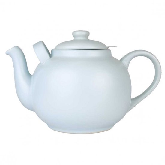 Lichtblauwe, ronde keramische theepot van 2,5 liter met deksel en schenktuit.