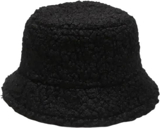 Teddy Bucket Hat - Maat 56/58 - Muts Hoed Winter Bontmuts - Zwart