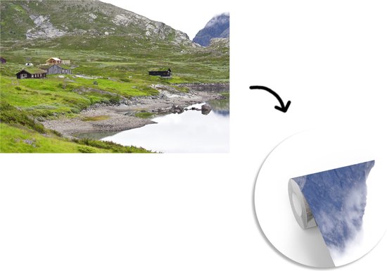 Chalets près d'un lac en Norvège fotobehang