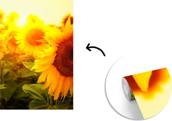 Behang - Fotobehang Zonnebloem - Geel - Bloemen - Zon - Breedte 195 cm x hoogte 300 cm