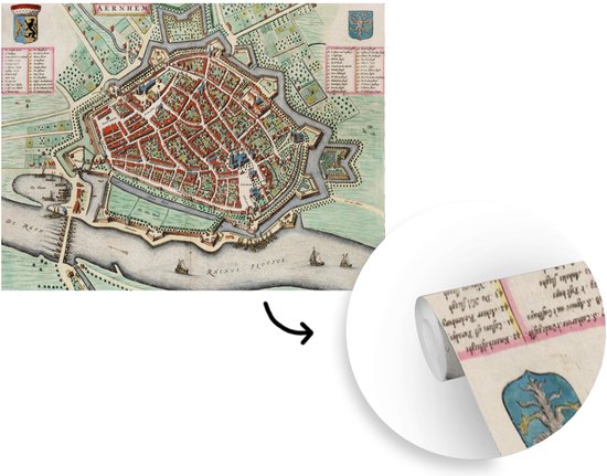 Papier peint photo vinyle - Plan coloré de la ville historique d'Arnhem en Gelderland - Plan d'étage largeur 400 cm x hauteur 300 cm - Tirage photo sur papier peint (disponible en 7 tailles)