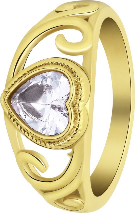 Lucardi Dames vintage ring met hart wit – Maat 47 – 15mm - Ring - Cadeau - Staal goldplated - Goudkleurig