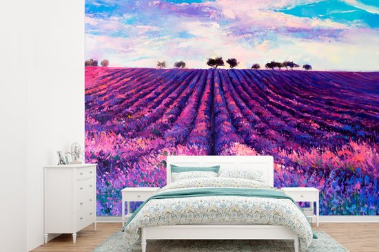Behang - Fotobehang Schilderij - Lavendel - Bloemen - Olieverf - Natuur - Breedte 305 cm x hoogte 220 cm