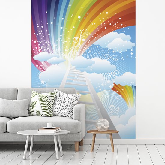 Papier peint photo vinyle - Une illustration d'un escalier entouré de nuages et d'arcs-en-ciel largeur 195 cm x hauteur 260 cm - Tirage photo sur papier peint (disponible en 7 tailles)