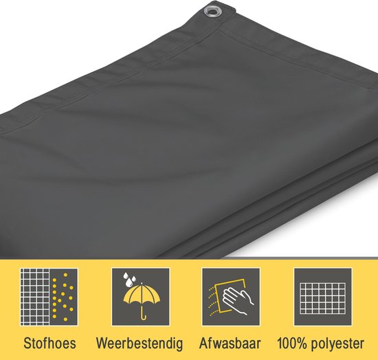 Donkergrijs balkondoek met oogje. Iconen voor stofhoes, weerbestendig, afwasbaar, 100% polyester.