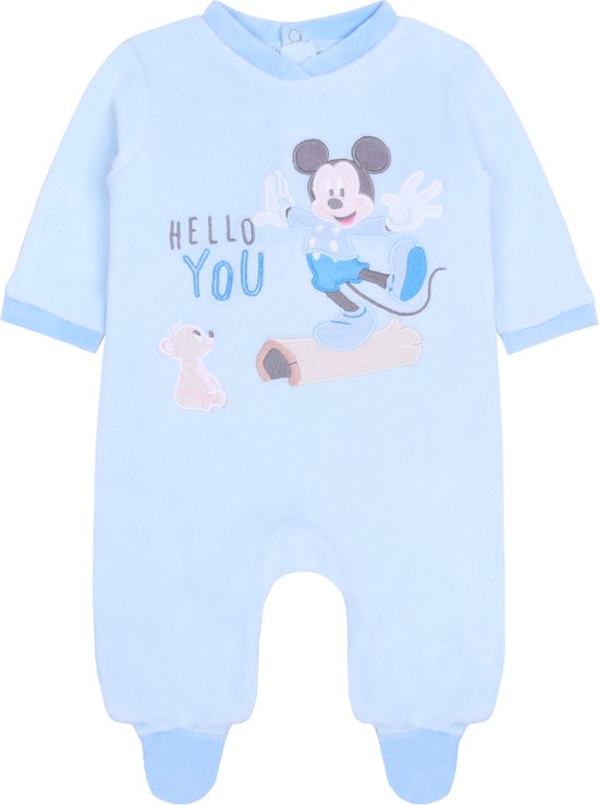 Lichtblauwe onesie met Mickey Mouse opdruk. Tekst 'HELLO YOU'. Met drukknoopsluiting en voetjes.