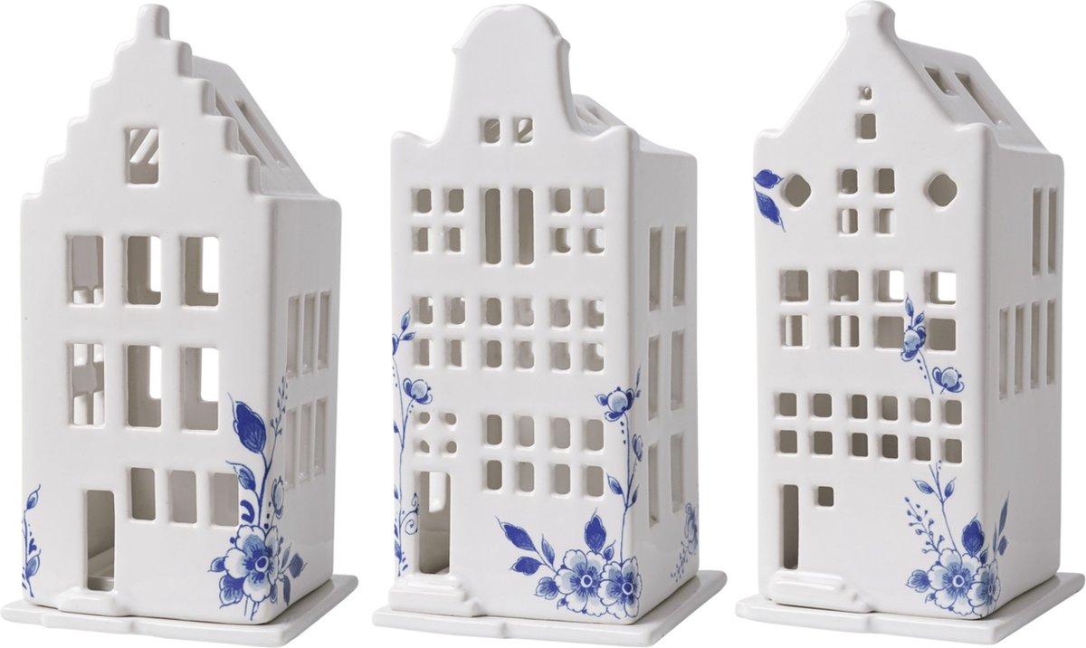 Waxinelichthouder - Delfts blauw - set van 3 - Grachtenhuisjes groot - 17 cm hoog - Heinen Delfts blauw - Hollands cadeautje - Holland souvenir
