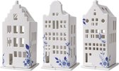 Waxinelichthouder - Delfts blauw - set van 3 - Grachtenhuisjes groot - 17 cm hoog - Heinen Delfts blauw - Hollands cadeautje - Holland souvenir
