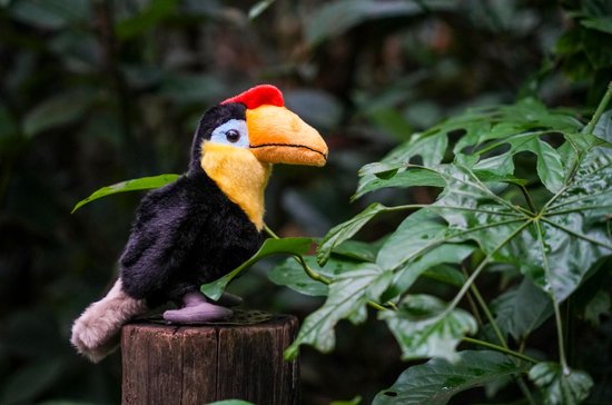 Zwarte knuffeltoucan met gele borst, oranje snavel en rode kuif, zittend op een houten paaltje tussen groene bladeren.