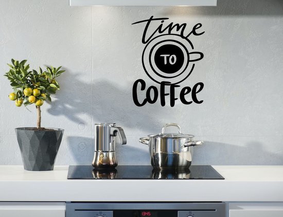 Stickerheld - Muursticker Time to Coffee - Keuken - Koffie en thee - koffietijd - Engelse Teksten - Mat Zwart - 51.4x41.3cm