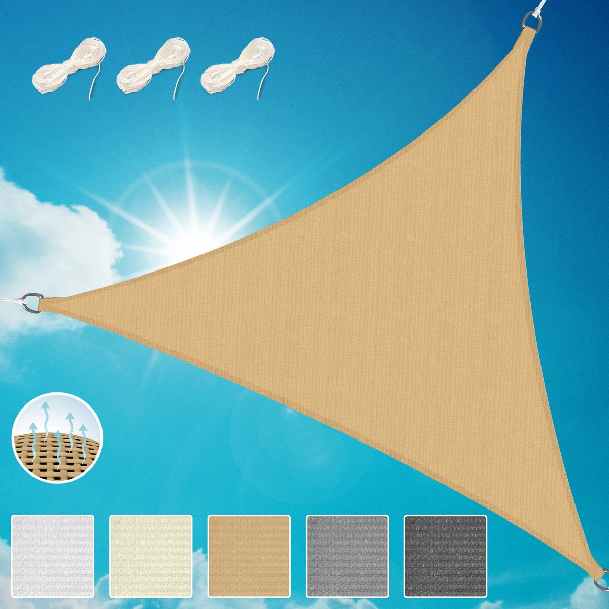 Sol Royal SolVision HS9 – Schaduwdoek Driehoek 3x3x3m Zand – Waterafstotend – UV Bescherming