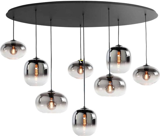Zwarte ovale eettafellamp | 8 lichts | smoke / zwart | glas / metaal | in hoogte verstelbaar tot 130 cm | 140 cm breed | eetkamer / eettafel lamp | modern / sfeervol design