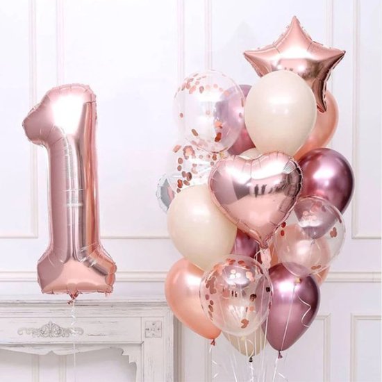 1 jaar - ballonnen set - Roze - Rose - 20 stuks ballonnen - 1e verjaardag - meisje - versiering - set - compleet - vullen met helium - Verjaardag meisje -
