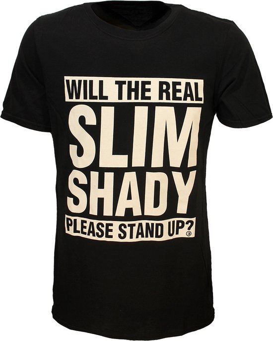 T-shirt noir avec le texte 'WILL THE REAL SLIM SHADY PLEASE STAND UP?' en lettres crème.