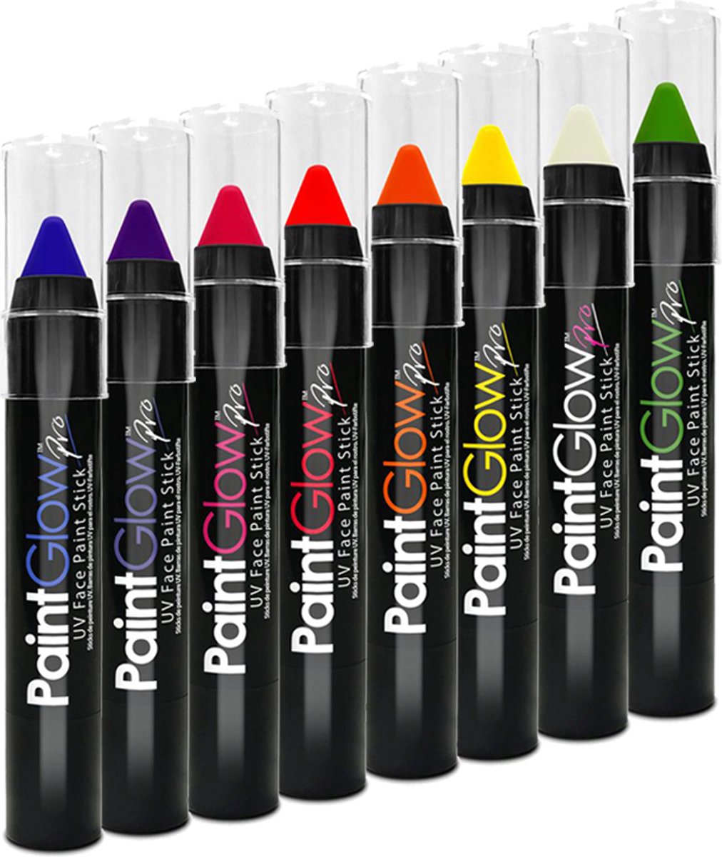 PaintGlow - UV Face & Body Paint Stick - Blacklight verf - Festival make up - Multicolor - 8 stuks