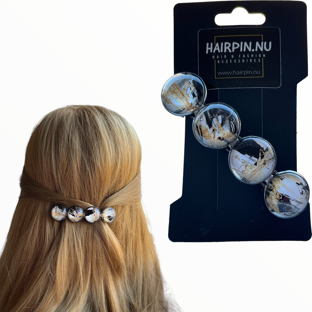 Hairpin-haarspeld-Hairclip-XL-glas-cabochon-haarspeld-zwart-goud-wit