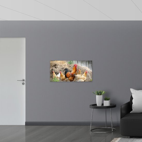 WallClassics - Bois - Coq avec Poules - 100x50 cm - 9 mm d'épaisseur - Photo sur bois (avec système de suspension)