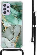 Hoesje met koord geschikt voor Samsung Galaxy A52 5G - Marble Design - Inclusief zwart koord - Crossbody beschermhoes - Transparant, Groen - ELLECHIQ