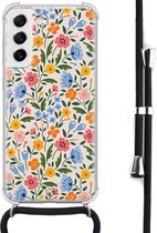 Hoesje met koord geschikt voor Samsung Galaxy S21 FE - Romantische bloemen - Inclusief zwart koord - Crossbody beschermhoes - Transparant, Multi - Mooie Telefoonhoesjes