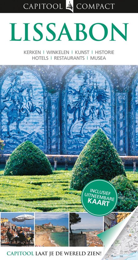 Boekomslag van Capitool Compact Lissabon met tegeltableaus van ruiters, een park en een kaart.