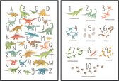 No Filter - 2 posters - Dinosaurus poster set - 21x30 cm (A4 formaat) - Alfabet poster - Cijfer poster - Nummers - ABC - Educatieve poster