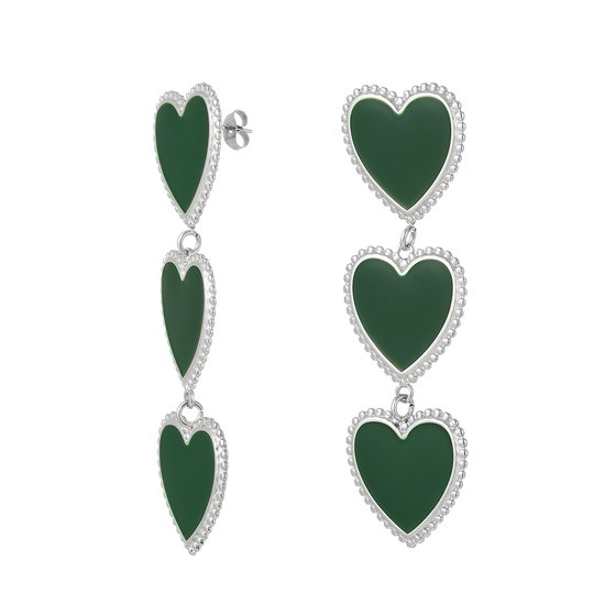 Falling hearts oorbellen - zilver- groen- stainless steel - statement oorbellen - waterproof - nikkel vrij - hartjes - valentijnscadeau
