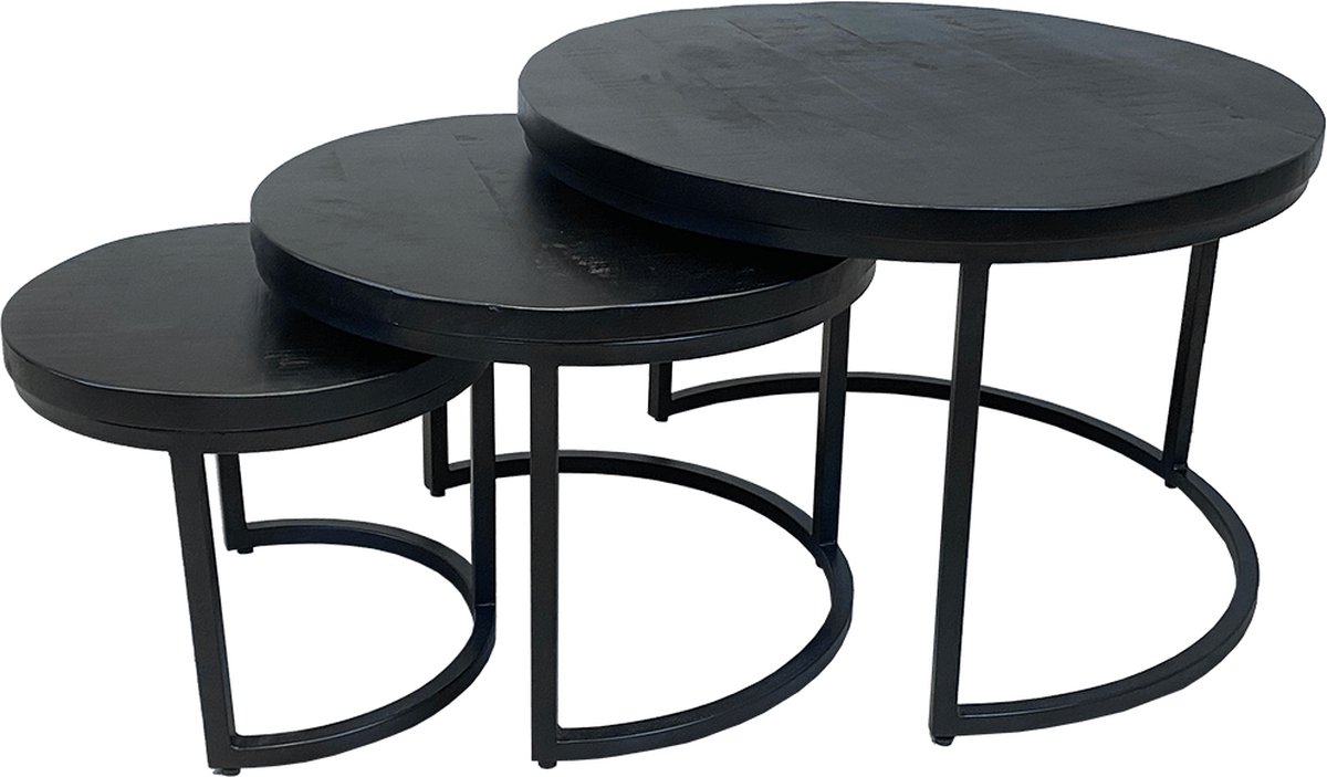 Salontafel rond industrieel mangohout Salontafel Set van 3 zwart