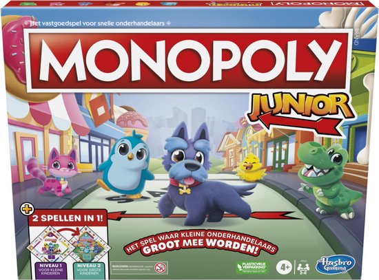 De doos van Monopoly Junior met een hond, kat, pinguïn, kip en krokodil.