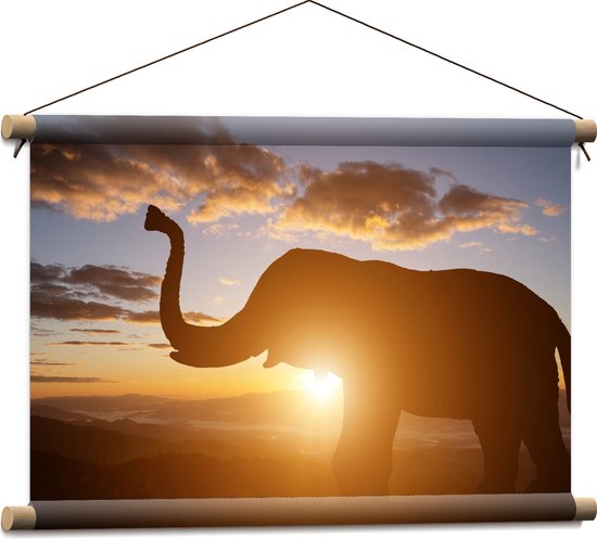 Textielposter - Zonnestralen achter Olifant omringd door Wolken - 60x40 cm Foto op Textiel