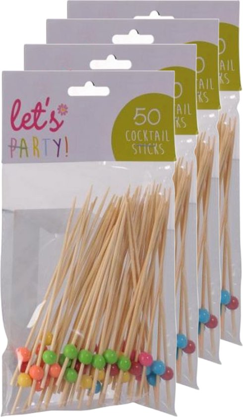 Excellent Houseware Cocktailprikkers met balletje - 200x stuks - bamboe