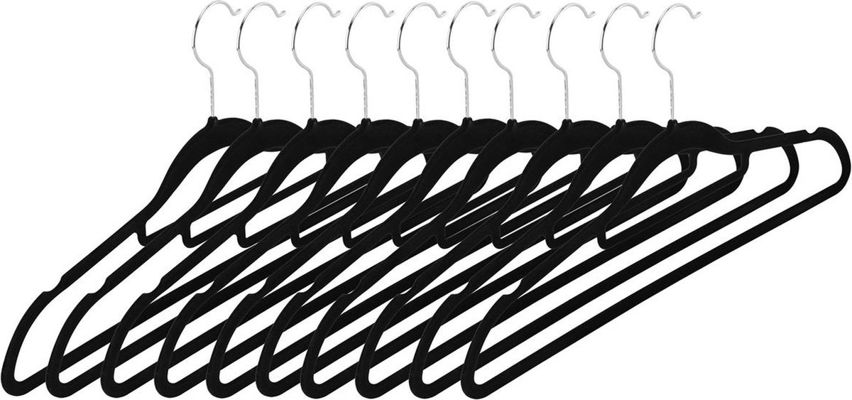 Intirilife fluwelen kleerhangers in VELVET ZWART – 10 stuks ruimtebesparende dunne hangers gemaakt van kunststof en metaal met anti-slip fluwelen coating en broekspijp – garderobe organisator doek jas jeans