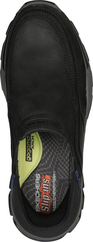 Zwarte Skechers Slip-ins met gele binnenzool en Goodyear zool.